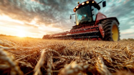 Fototapeta premium A large red tractor is harvesting golden wheat in a vast agricultural field during sunrise, signifying the peak of agricultural activity and productivity.