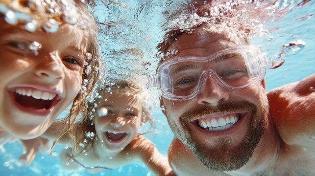 A joyful underwater scene features a father and his two children, all wearing goggles and smiling widely, capturing the happiness of summer pool activities.