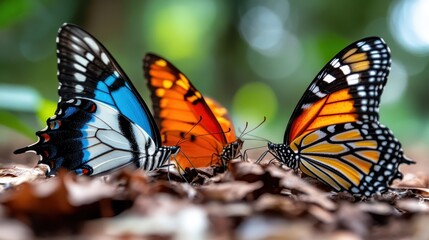 Fototapeta premium An ensemble of vibrant butterflies showcasing their stunning colors while teetering on leaves, highlighted against a lush, natural background setting.