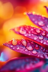 Close up of water droplets on pink leaves with blurred golden background