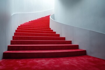 Red carpet on the stairs on a dark background. The path to glory, victory and success