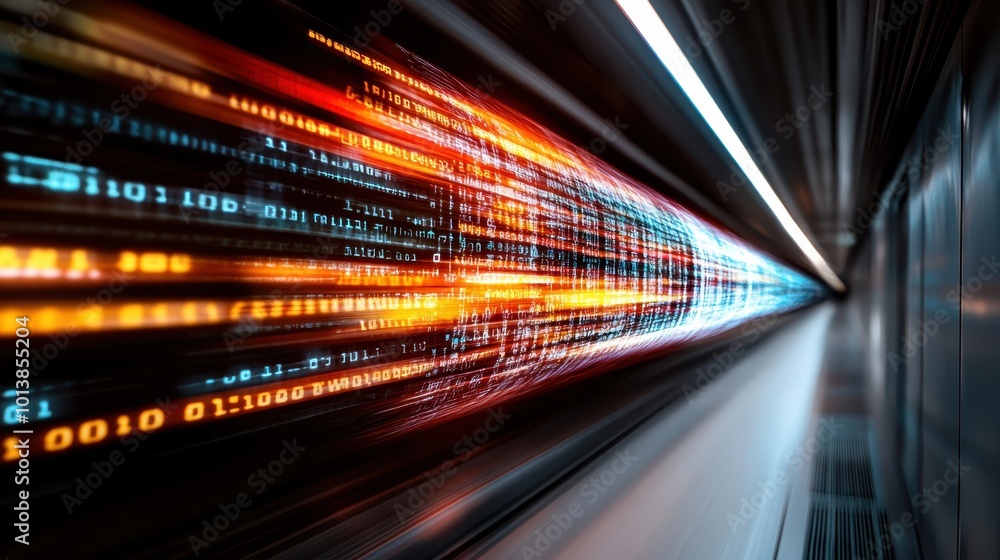Poster an abstract scene depicting a rapid digital data stream in bright colors racing through a futuristic