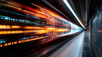 An abstract scene depicting a rapid digital data stream in bright colors racing through a futuristic tunnel, giving a sense of high speed and technology.