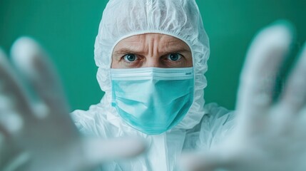 A medical worker wears a white protective suit with a mask, extending hands towards the viewer, symbolizing caution and preparedness in healthcare environments.