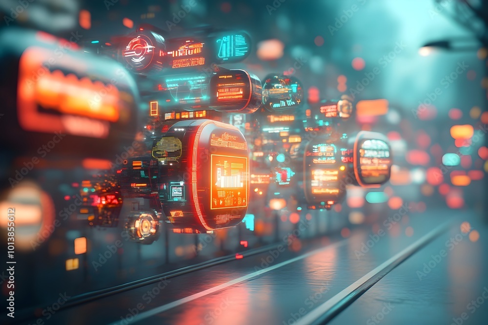 Poster stunning cityscape with undulating holographic displays neon lit architectural structures and swirli
