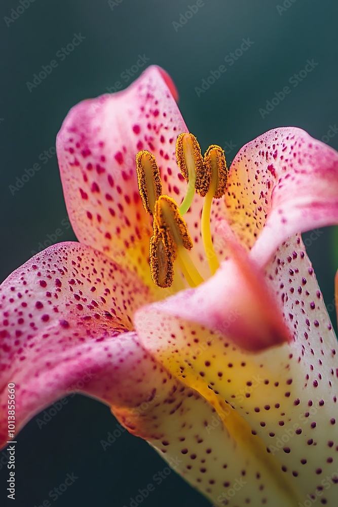 Poster Close up of a pink and white lily flower with speckled petals