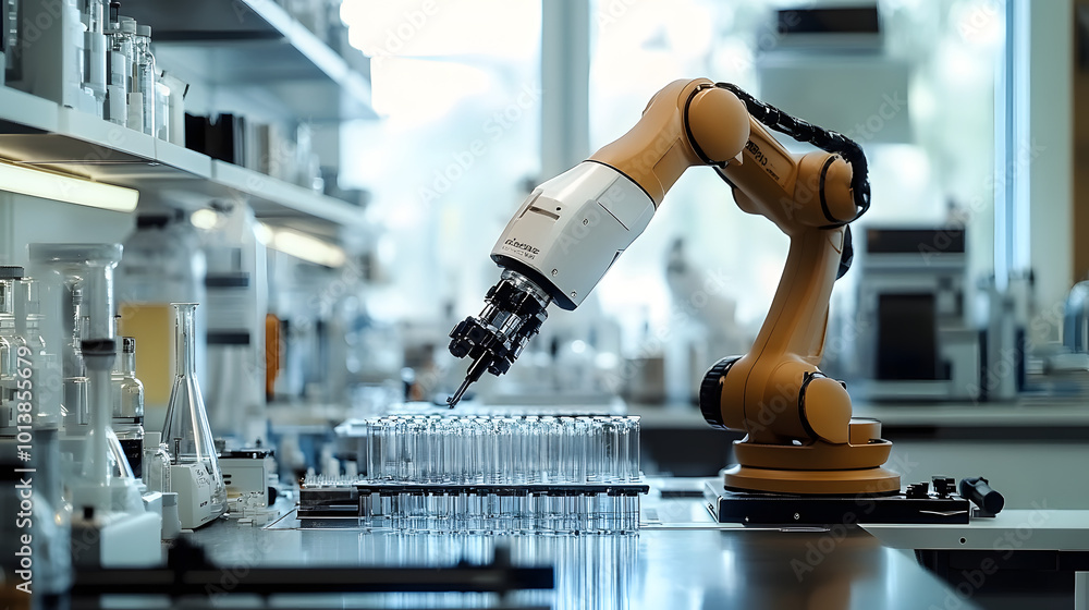 Poster a robotic arm performing intricate tasks in a laboratory setting, highlighting automation in researc