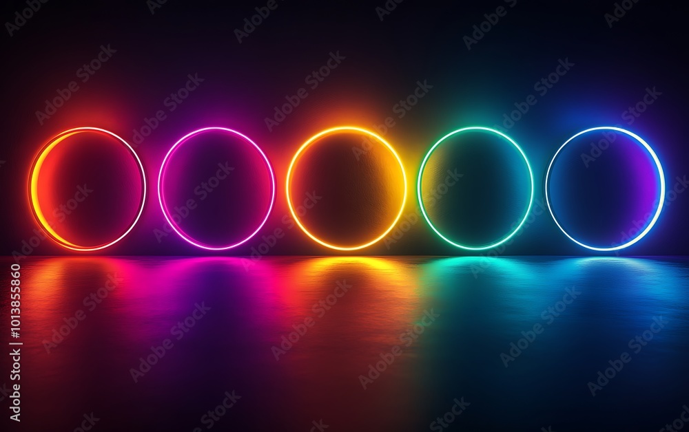 Leinwandbilder five vibrant neon circles glow against a dark background, creating a colorful, captivating visual ef