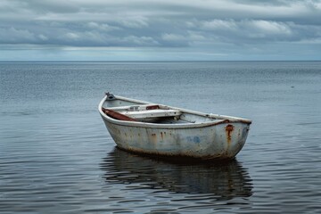 Naklejka premium Rusty old rowboat floating on calm water. Peaceful scene with vintage boat and cloudy sky.
