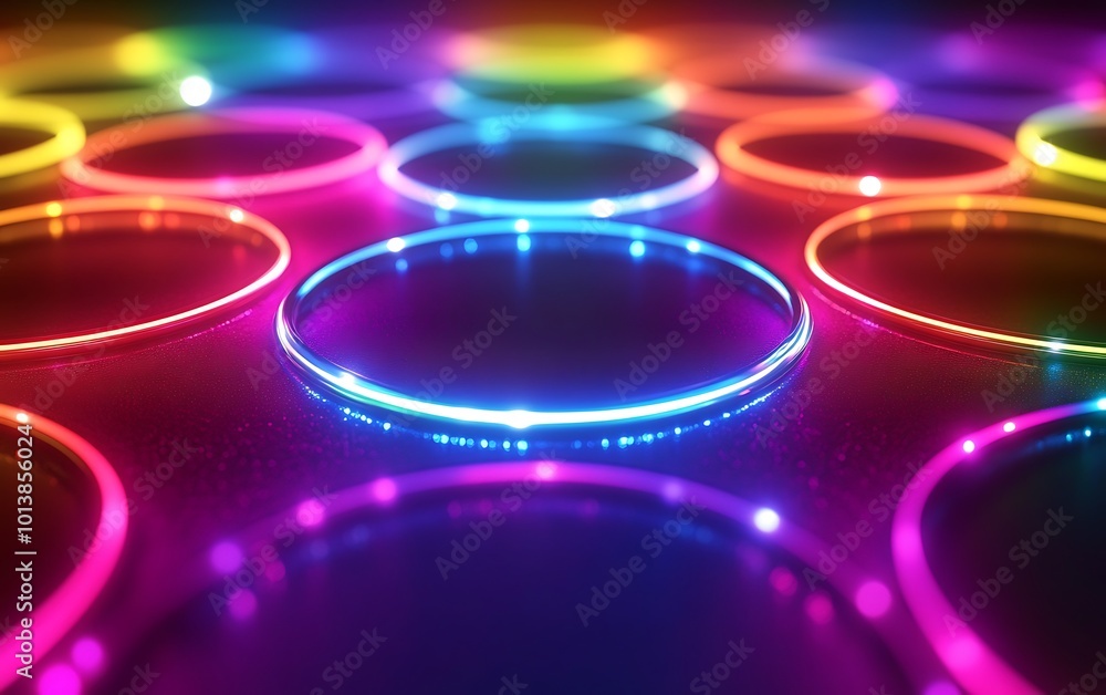 Poster a vibrant display of illuminated circles in various colors, creating a dynamic and colorful abstract