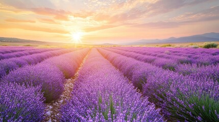 Obraz premium A field of lavender stretching as far as the eye can see, with a soft golden sunset casting a warm glow over the landscape.