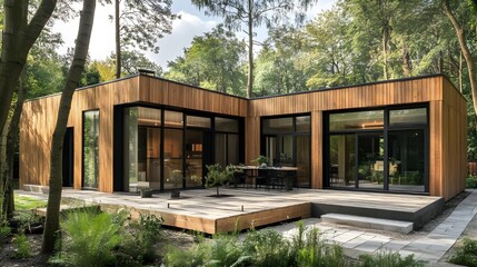 Obraz premium Contemporary eco-friendly home with large glass windows, surrounded by trees, emphasizing harmony with nature and sustainable living.