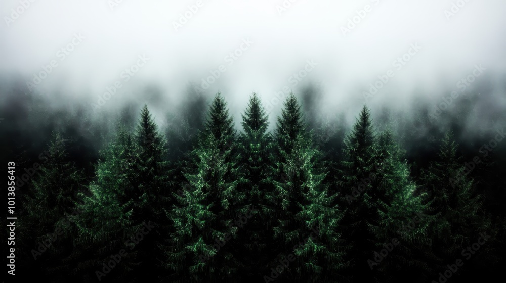 Poster a serene view of a dense forest with towering evergreen trees enveloped by a thick, mysterious fog, 