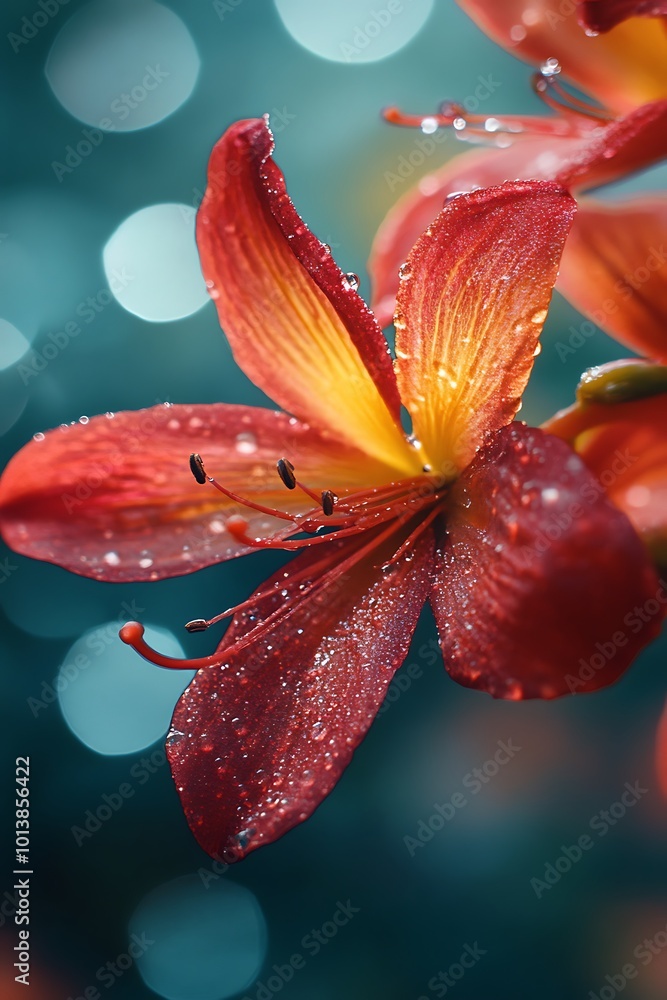 Sticker Close up of a red lily with raindrops, bokeh background. Nature, spring, floral, beauty,  fresh