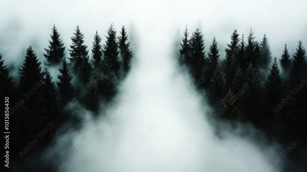 Poster an alluring scene of a forest pathway shrouded in mist, with tall trees lining the way, inviting a s