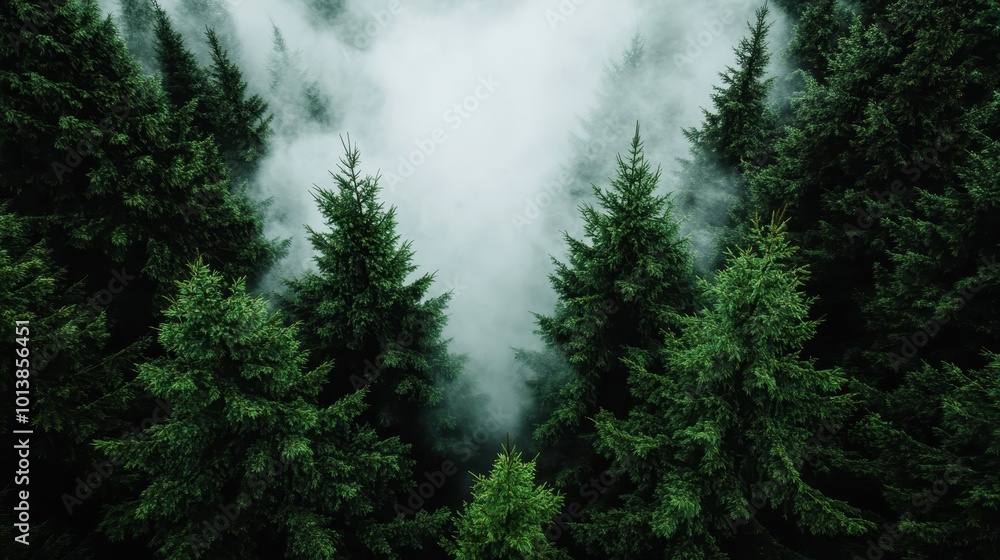 Poster a captivating image of a lush green forest with towering trees reaching into a dense fog, creating a