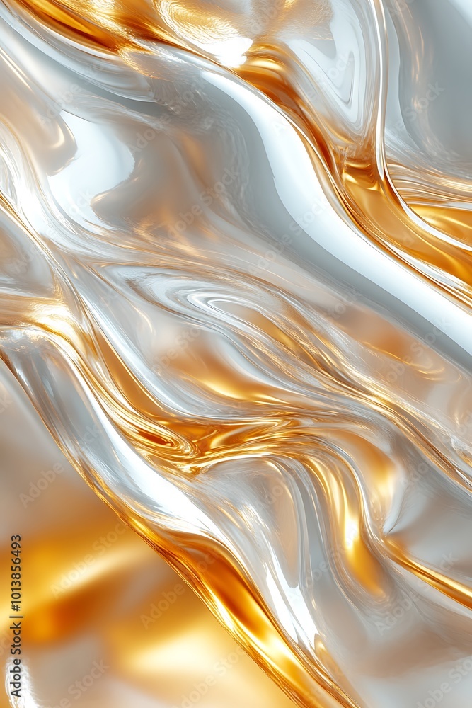 Poster a shimmering, abstract design with fluid silver and golden waves, creating a modern and elegant visu