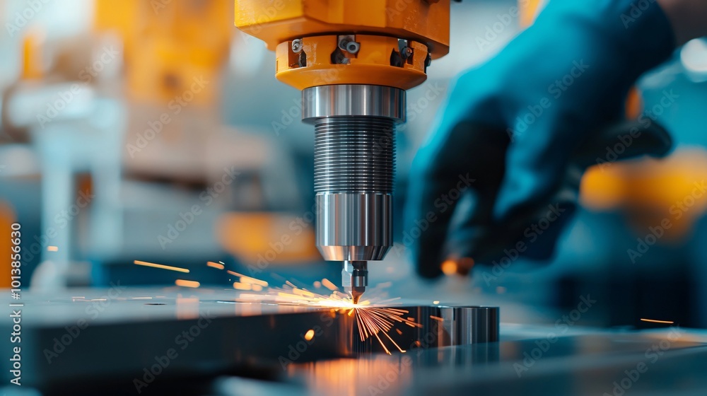 Poster precision engineering in action - close-up of high-speed cnc machinery cutting metal with sharp edge