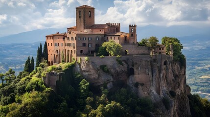 Obraz premium Fortress perched on a hill with scenic valley views, featuring medieval towers and stone walls, highlighting its historical significance.
