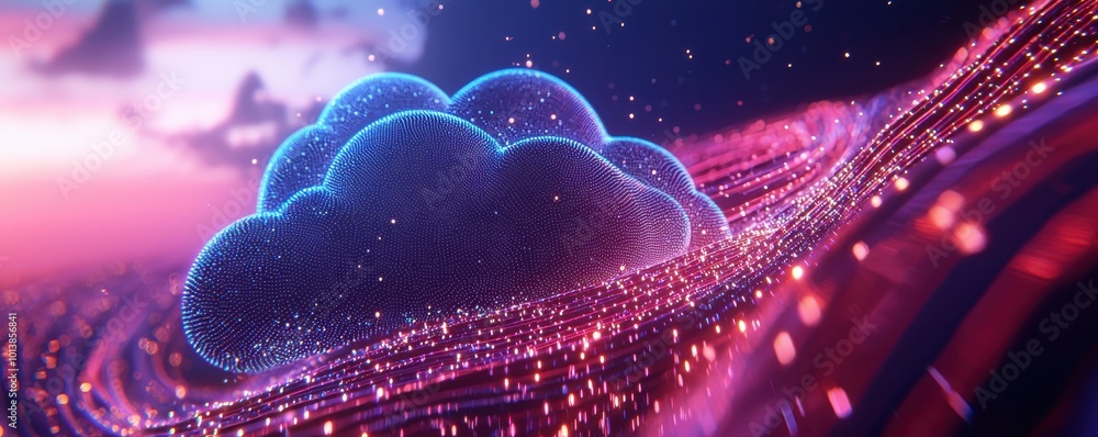 Poster cloud technology concept, network cable integration with cloud, modern data flow, 3d rendering
