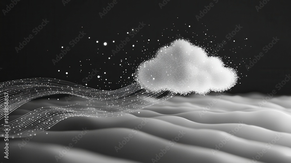 Poster white cloud connected to network cable, digital data flow concept, 3d rendering
