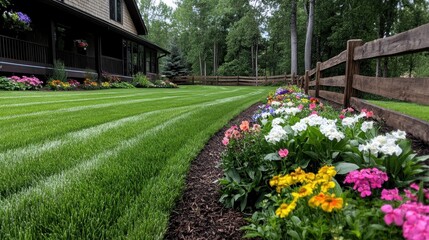 A picturesque garden surrounding a cozy house features lush, evenly striped grass bordered by vibrant flower beds and a rustic wooden fence under a clear blue sky.