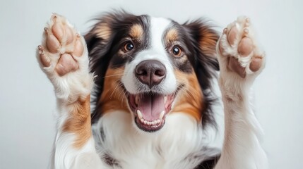 Fototapeta premium A cheerful dog poses with raised paws and a wide grin, expressing excitement and embodying the spirited, carefree nature of its playful personality.