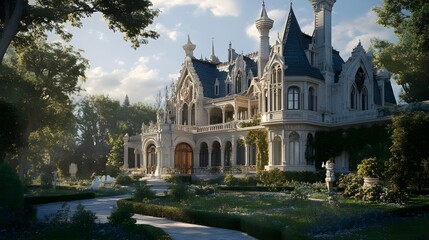 Obraz premium Expansive mansion with towering spires and ornate architectural elements, set amidst a sprawling green landscape.