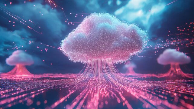 White cloud connected to network cable, digital data flow concept, 3D rendering 
