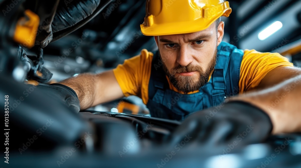 Poster a mechanic in a hard hat intensely concentrates on a repair task, illustrating dedication and the te