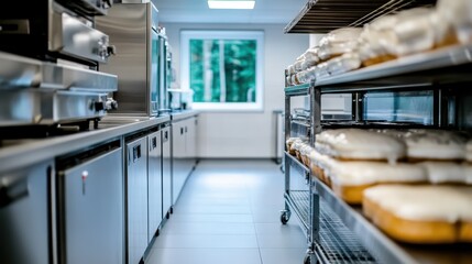 An organized professional kitchen with stainless steel equipment and racks holding neatly arranged trays of baked goods, under bright light, exuding cleanliness and order.