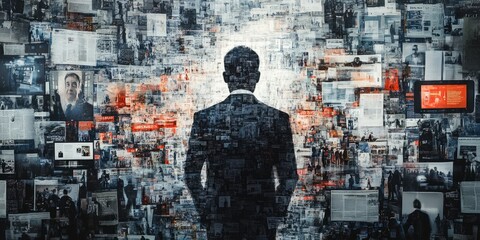 Fototapeta premium A figure stands before a collage of newspapers and screens in an abstract style. Black-and-white with red accents highlights themes of media influence and the challenges of the information era.