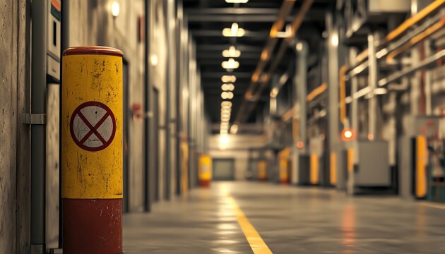 Industrial hallway featuring safety posts and a clean, well-lit environment, emphasizing workplace safety and organization.
