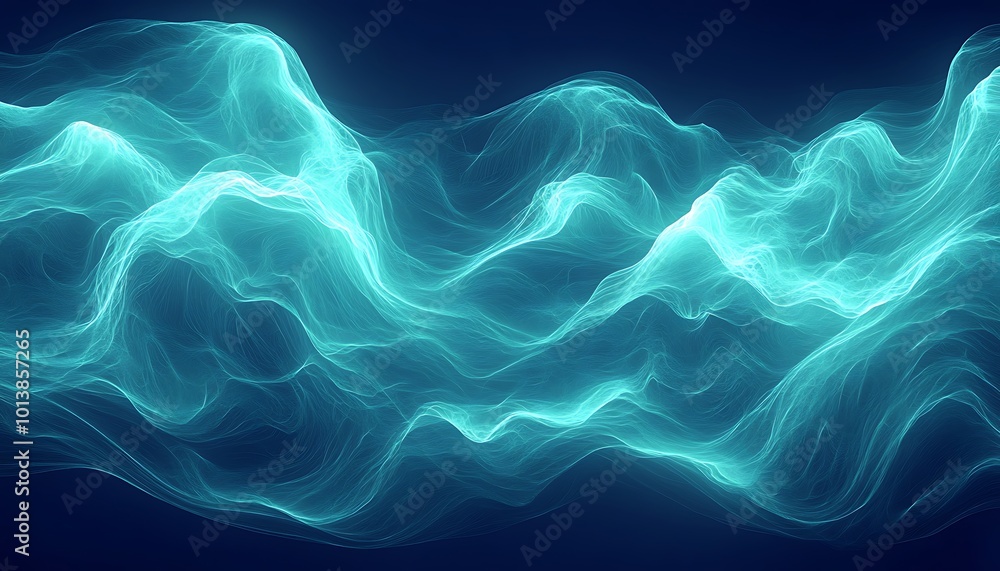 Poster a glowing wave of turquoise energy flows smoothly, creating a serene and futuristic digital landscap