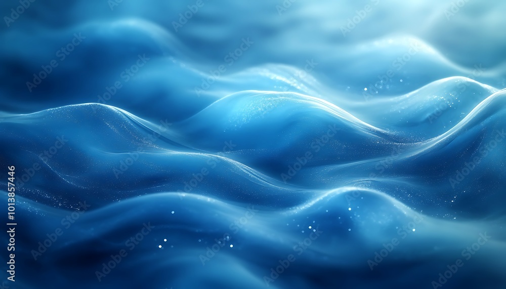 Poster a serene underwater scene showcasing undulating blue waves with a gentle, flowing texture and a soft