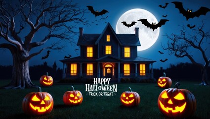 Fototapeta premium A spooky Halloween night featuring carved pumpkins and bats near a haunted house under a full moon