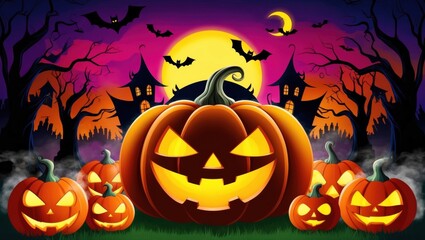 Colorful Halloween night with glowing pumpkins and bats in front of a spooky forest and haunted houses