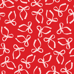 Hand drawn, pink, pretty bow seamless repeat pattern. Random placed, festive vector tie ribbons aop, all over print on red background.