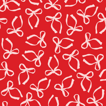 Hand drawn, pink, pretty bow seamless repeat pattern. Random placed, festive vector tie ribbons aop, all over print on red background.