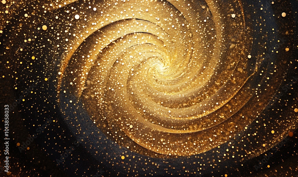 Poster A mesmerizing swirl of golden hues and sparkling dots against a dark background, creating a captivating cosmic effect.