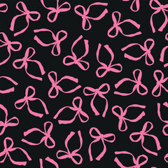 Hand drawn, pink, pretty bow seamless repeat pattern on black background. Random placed, festive, pink, vector tie ribbons aop, all over print on red background.