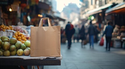 Brown paper bag on a wooden table in a busy street market.
