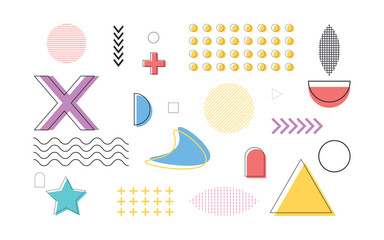 Set design elements, geometric shapes for Memphis style isolated on white background. Vector.
