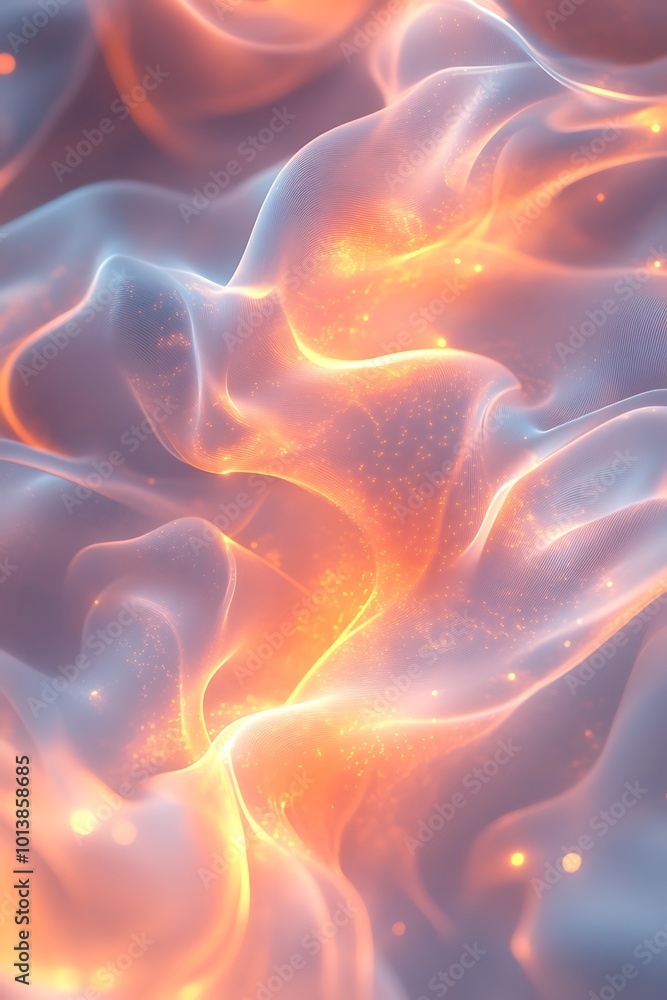 Poster A captivating abstract image showcasing flowing waves of orange and blue hues with soft gradients and shimmering highlights.