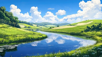 A serene countryside scene with rolling hills, green pastures, and a winding river reflecting the blue sky and white clouds.