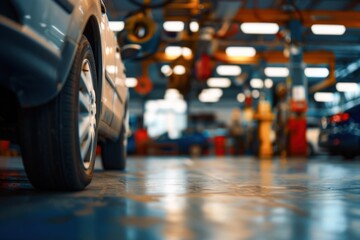 Fototapeta premium Car in a workshop with blurred background of tools and equipment. Low-angle view of vehicle repair scene.