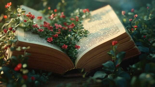 A world where plants grow out of the pages of a book, with vines creeping over the text and flowers blooming from paragraphs, illustrating the power of imagination.