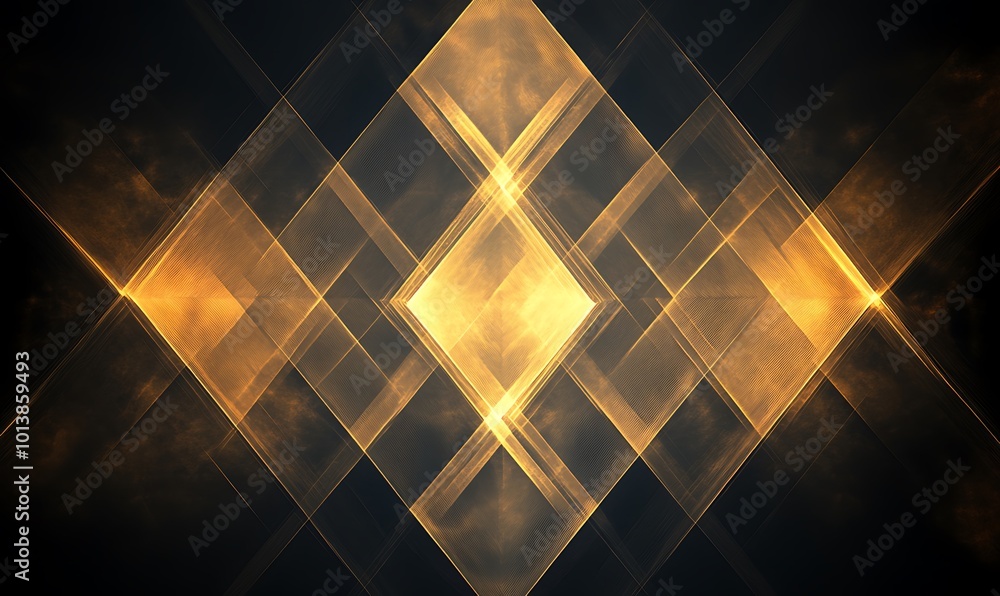 Poster a glowing geometric pattern in golden hues forms a captivating diamond shape against a dark backdrop