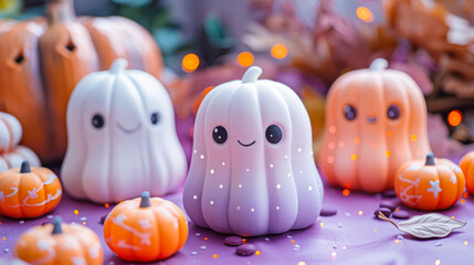 Fototapeta premium Delightful kawaii pumpkins gather together in vibrant hues, surrounded by rich autumn foliage and twinkling lights, evoking a playful seasonal atmosphere