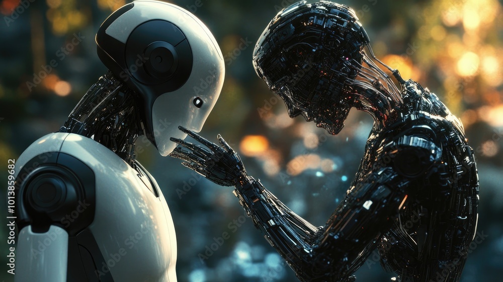 Poster high-resolution ai-created image of a robot and human interacting, symbolizing the success of ai-hum